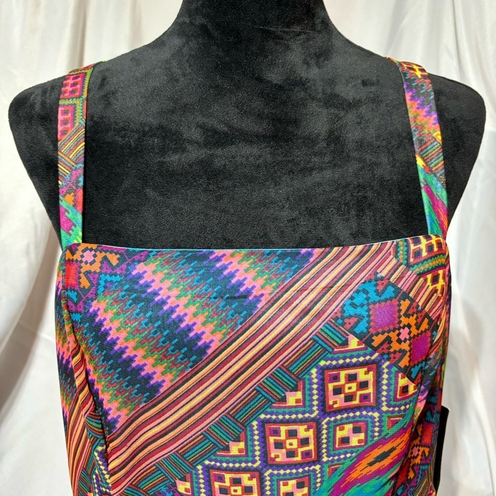 Signature by Robbie Bee Vibrant Geometric Patchwork Asymmetrical Midi Dress 14 - Picture 3 of 6